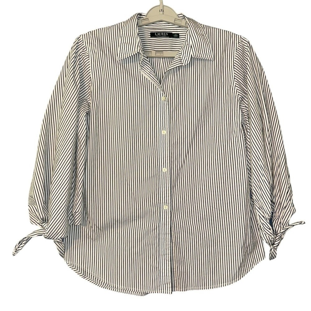 Lauren Ralph Lauren Striped Top Womens L Tie Sleeve Business Office Work Button